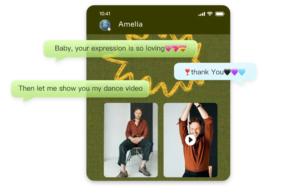 envía el vídeo de baile ai generado de un hombre mientras chateas con un amigo para compartir la diversión