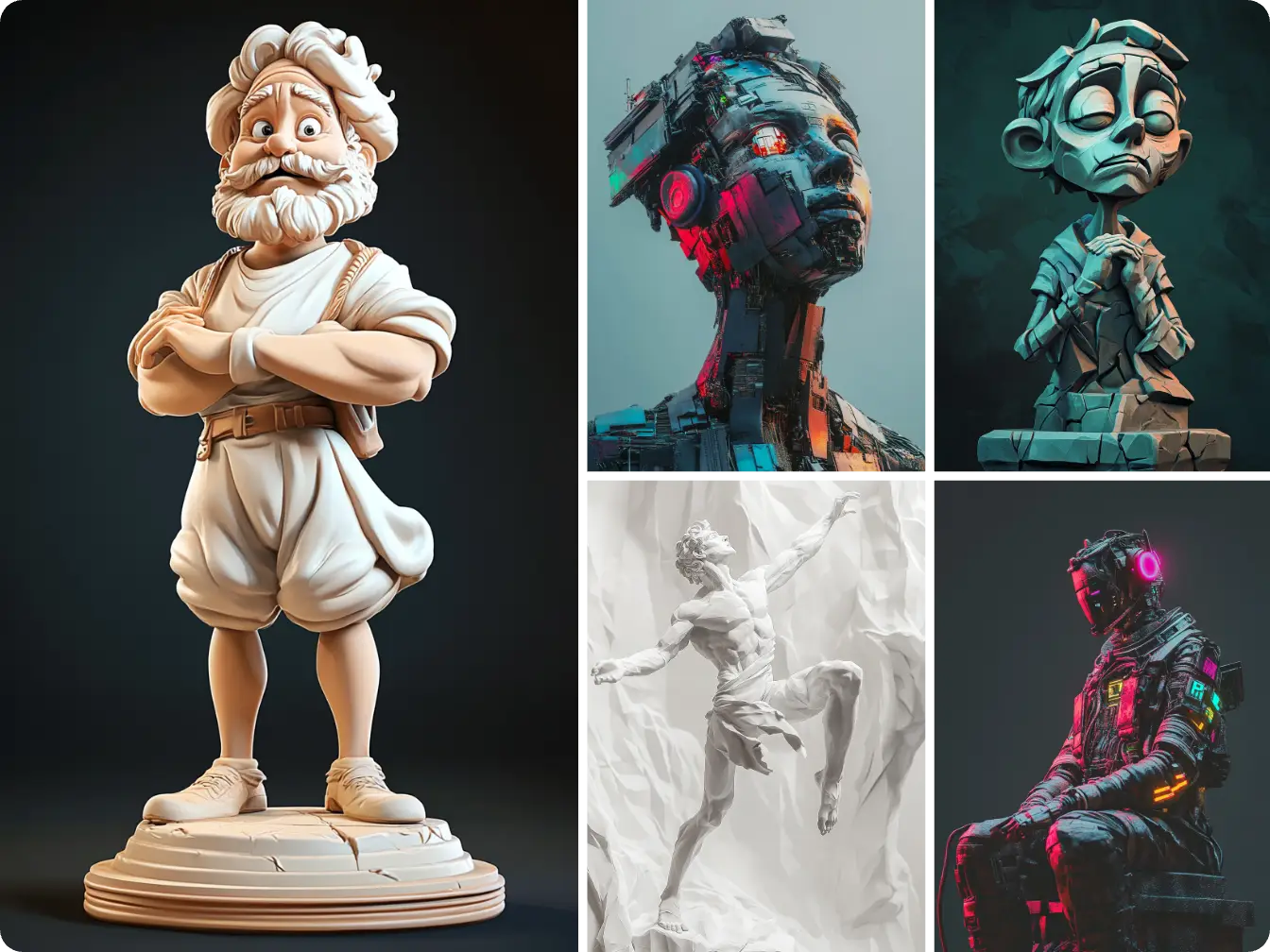 preview of different AI-generated statue styles and textures