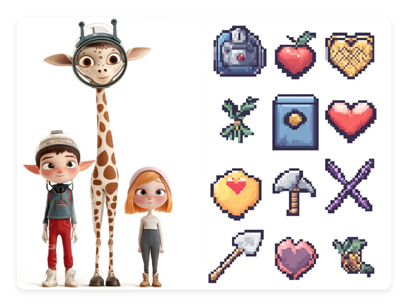 three 3d style game characters and some 2d game props made in aiease ai game asset generator