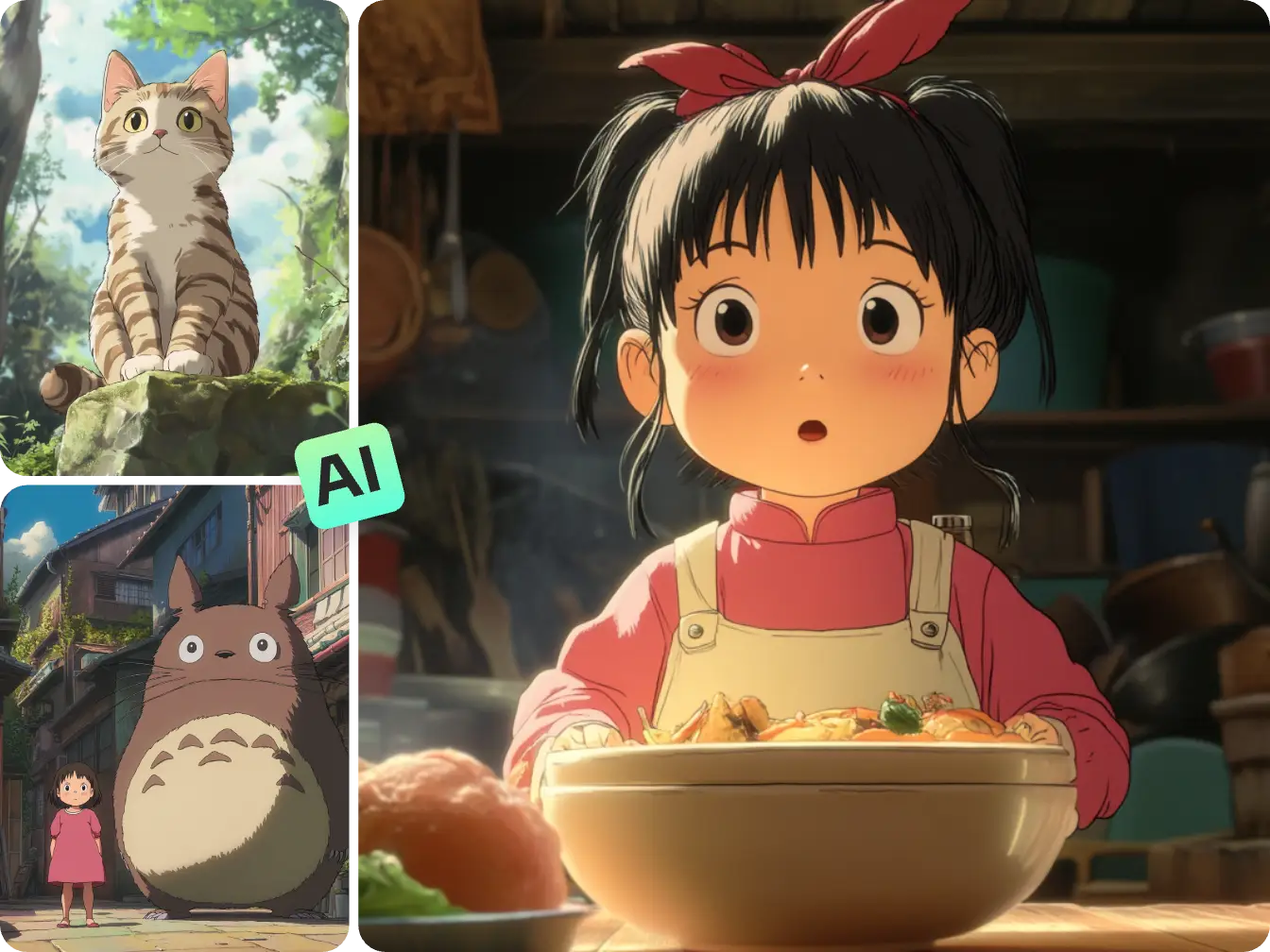 three stunning studio ghibli images of totoro little girl and a cat made in aiease ghibli art generator