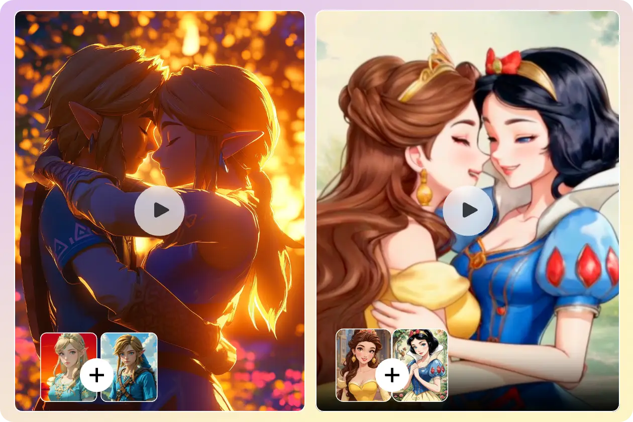 duas personagens japonesas de anime abraçam-se e duas princesas da disney abraçam-se em aiease ai hug video generator