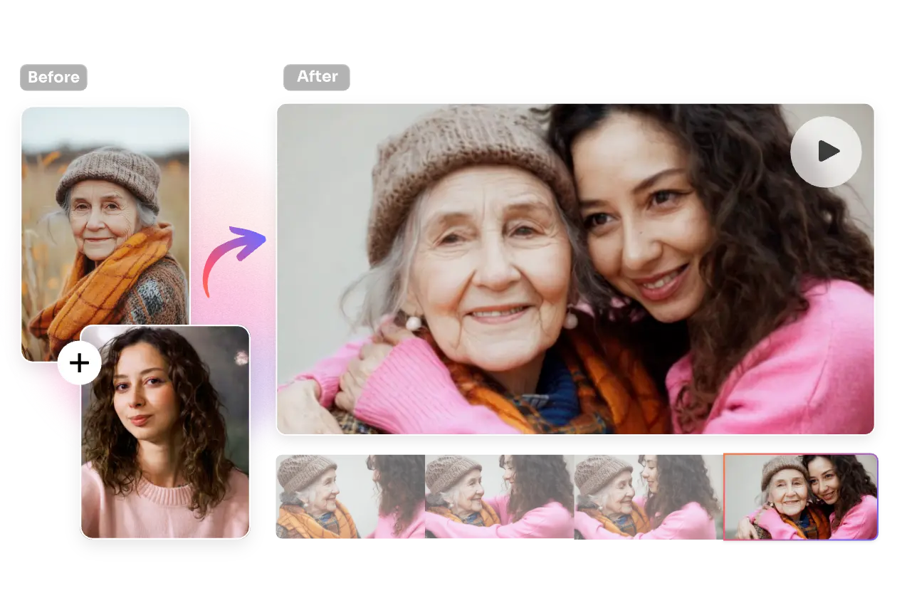carregar uma fotografia de uma mulher idosa e uma imagem de uma rapariga jovem para as fazer abraçar no aiease ai hug video generator