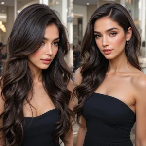 2 images of a girl with voluminous side-parted waves prom hairstyle