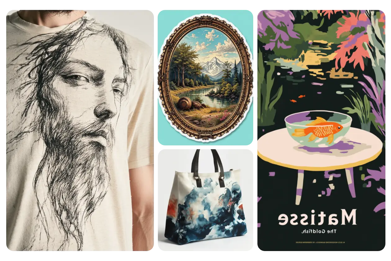 4 printed items made from ai images generated by ai painting