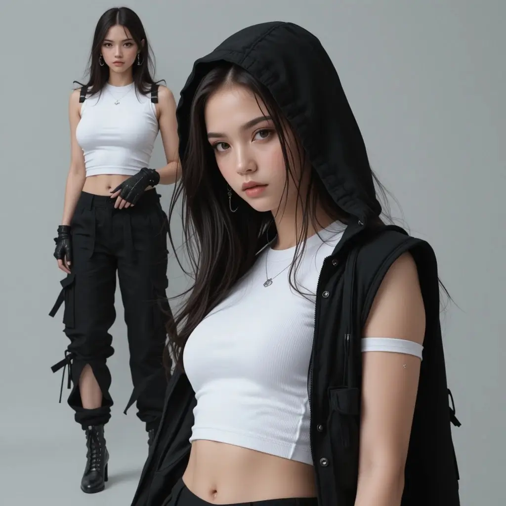 Pantalón cargo negro, camiseta ajustada y guantes sin dedos