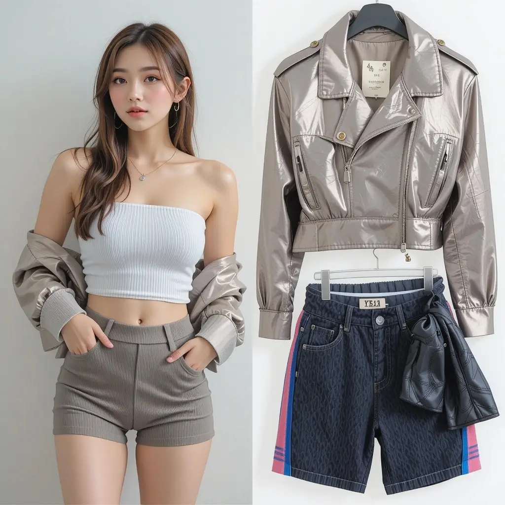 Pantalones cortos de punto, top de tubo y chaqueta metálica