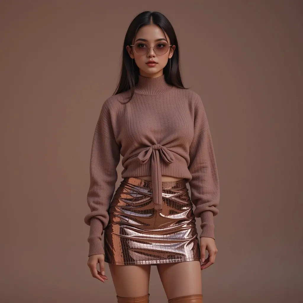 Minifalda metalizada, jersey y botas holgadas