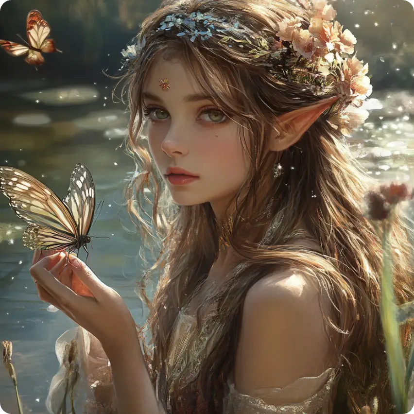 a beautiful elf holding a butterfly made in aiease fantasy character generator