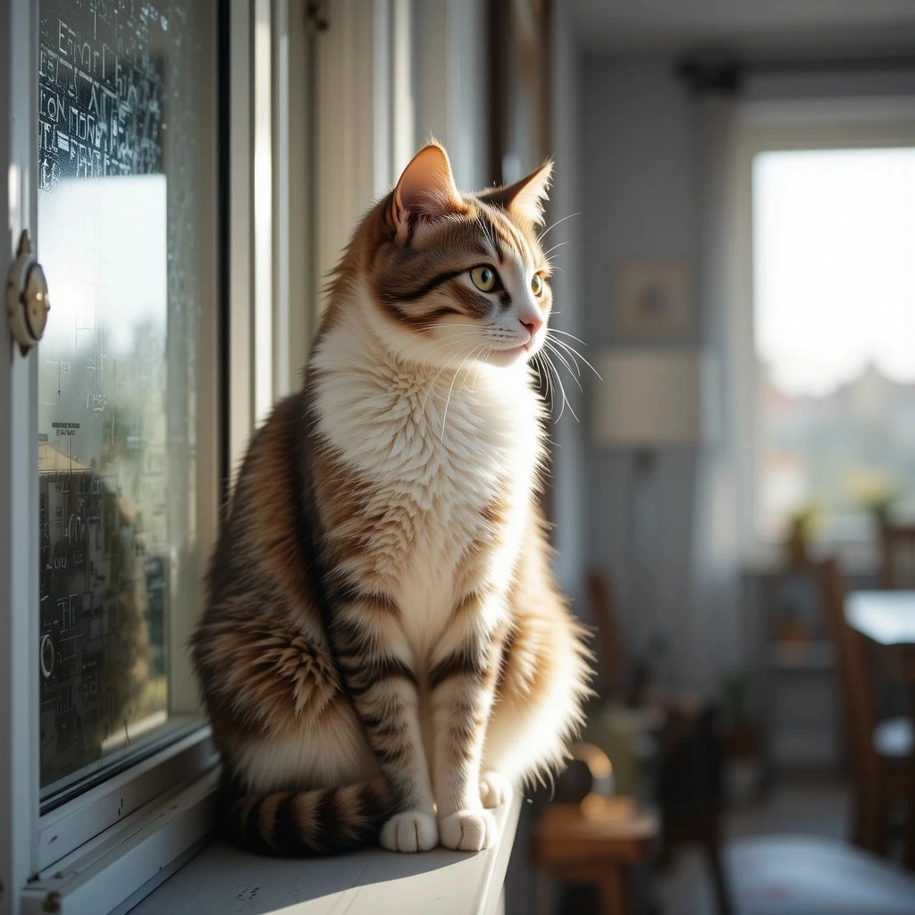un chat assis sur le rebord de la fenêtre et faisant face à l'appareil photo de côté, généré avec une bonne aide.