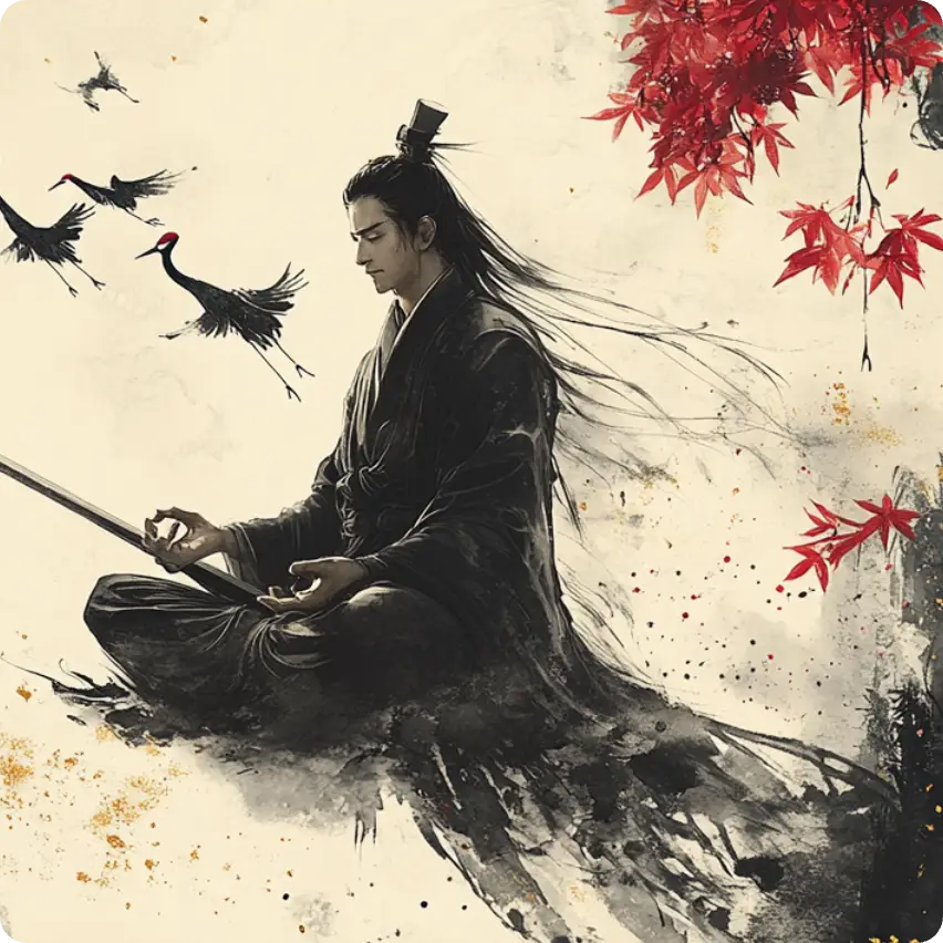 a chinese style fantasy character sitting on ground with maples made in aiease fantasy character generator
