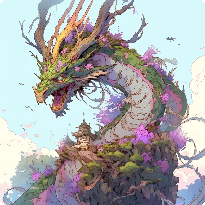 a colorful dragon with flowers and trees made in aiease fantasy character generator
