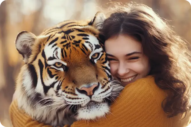 une femme frisée en pull orange enlace un tigre