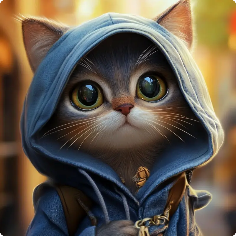 a cute little cat wearing a hoodie made in aiease furry ai art generator