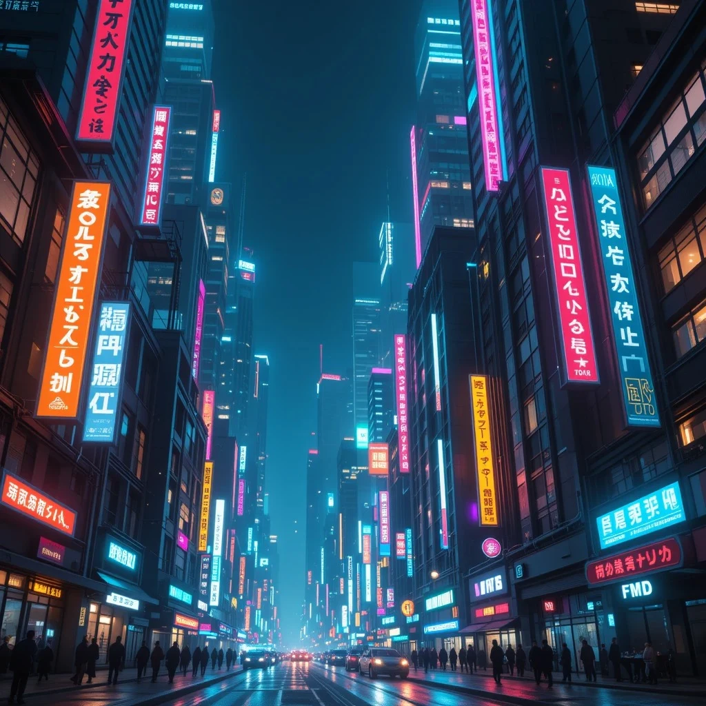 une scène de ville nocturne de style cyberpunk et de grands bâtiments se dressant en hauteur, générée avec un bon prompteur ai