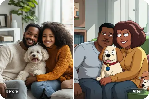 a family group shot with a dog and a couple in family guy style