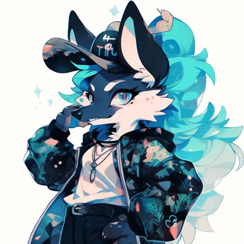 a fancy and stylish wolf with a cap made in aiease furry ai art generator