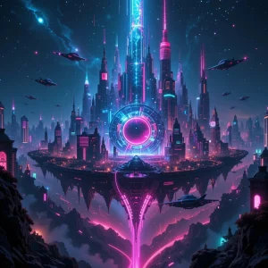 eine schwebende Metropole im Weltraum, die mit den besten Vorlagen für KI-Kunst geschaffen wurde