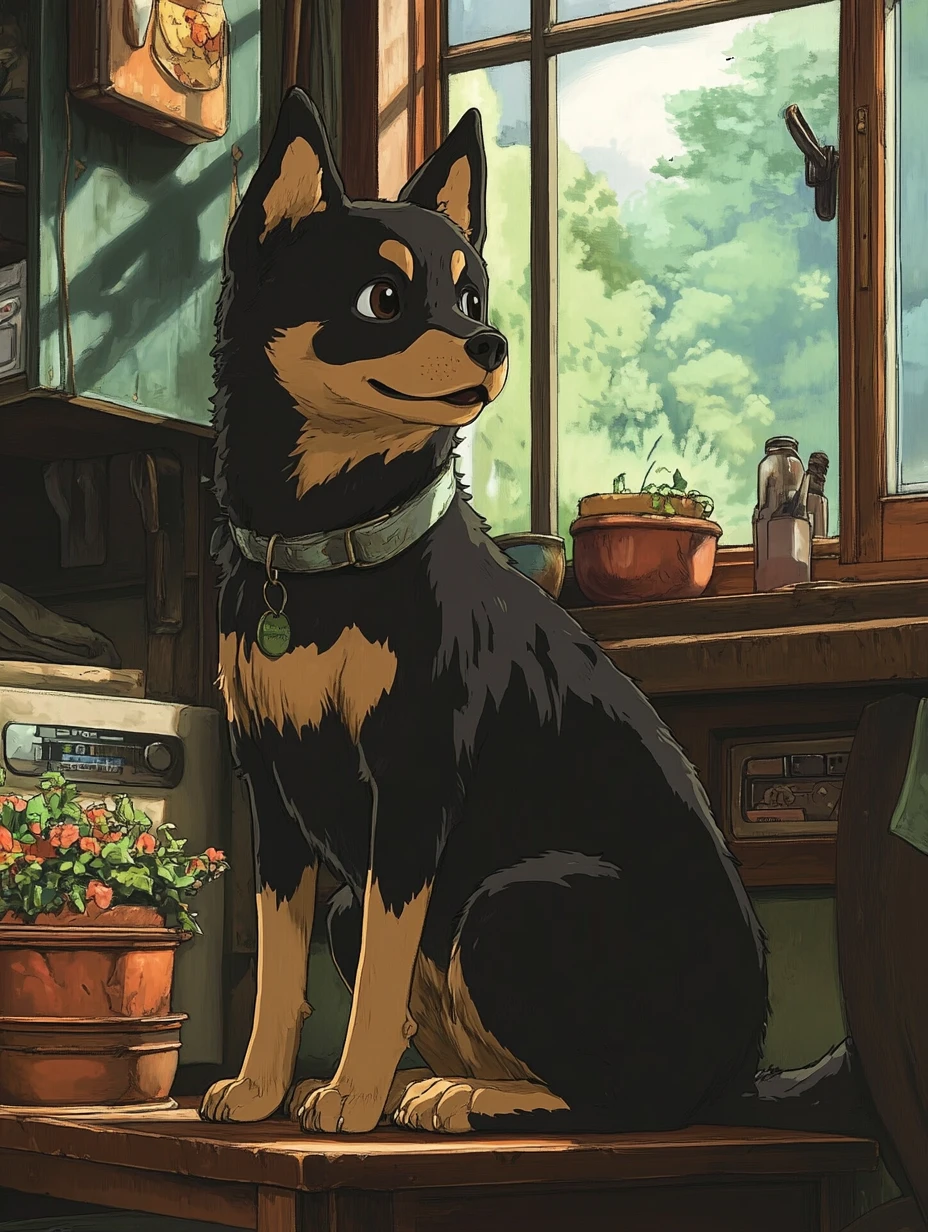a ghibli style black and yellow dog sitting on a stool looking out the window