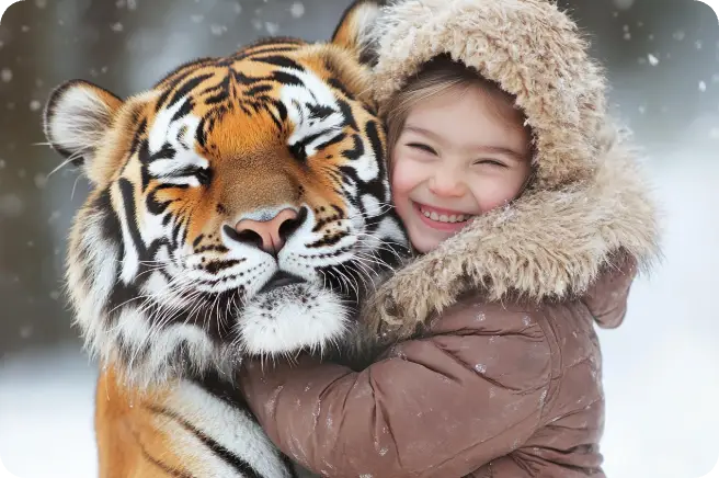 une petite fille vêtue d'un manteau d'hiver enlace un tigre
