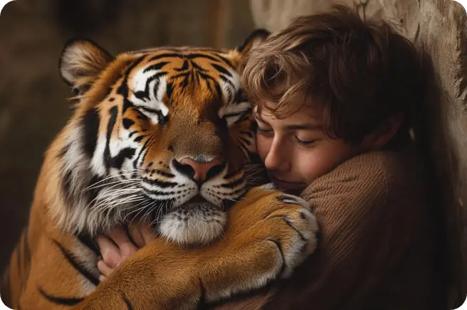 un homme étreint un tigre vidéo