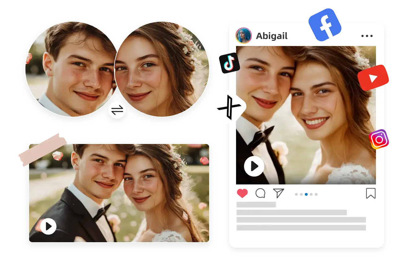 a married couple change faces in a video and post it on social media