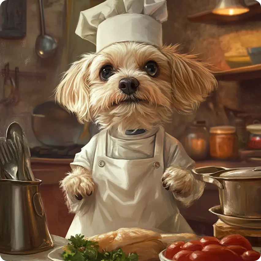 image d'un chien portant une toque de cuisinier