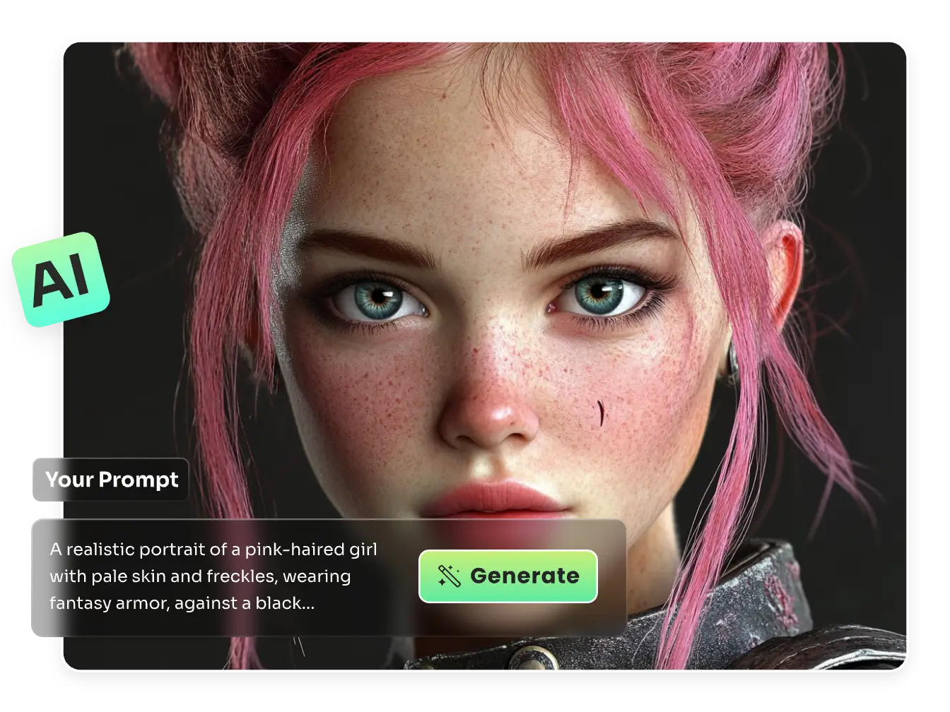 uma mulher de cabelo cor-de-rosa feita no criador de personagens aiease 3d com um texto