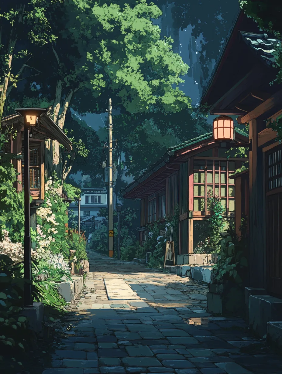 a quiet path under the shade of trees in the style of ghibli