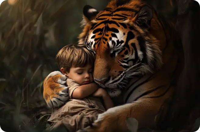 un tigre tenant un petit garçon dans ses bras