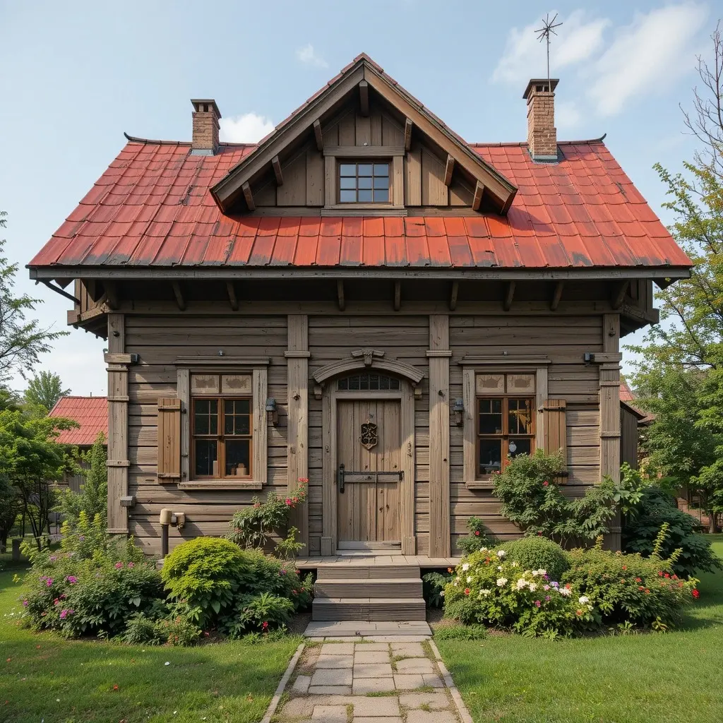 une maison en bois avec un toit rouge généré avec un bon ai prompts