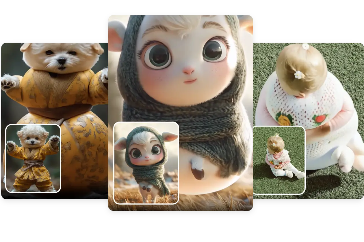 add ai inflate video effect to a dog an anime character and a baby