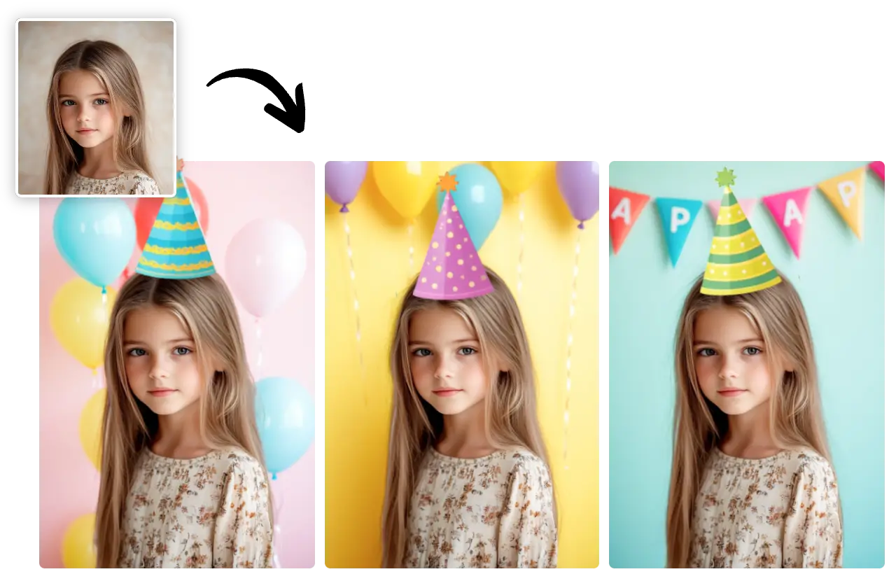 add different birthday hat for trying and change photo backgrounds