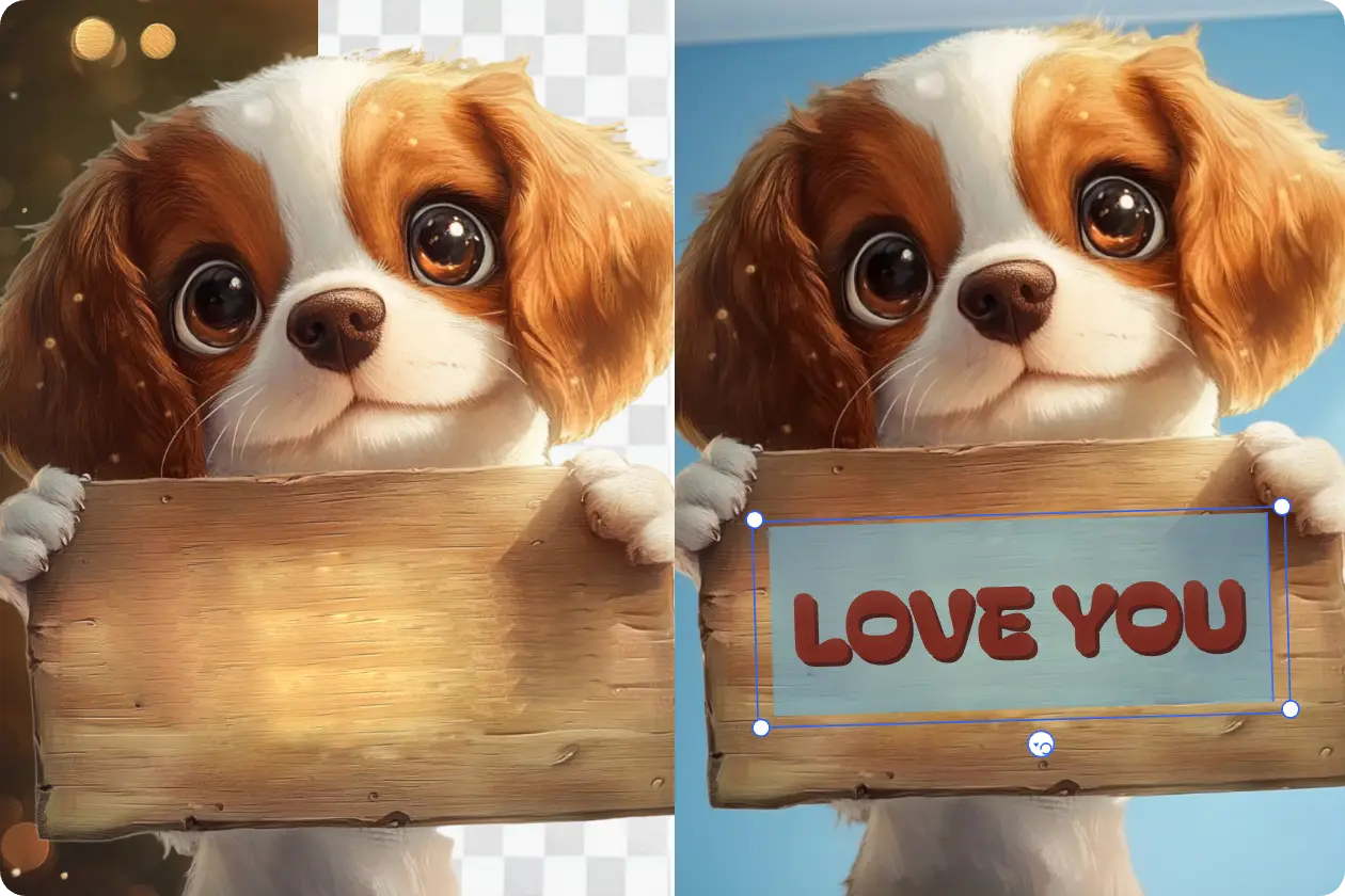 añadir texto a la imagen de un perro de dibujos animados sujetando una tabla de madera