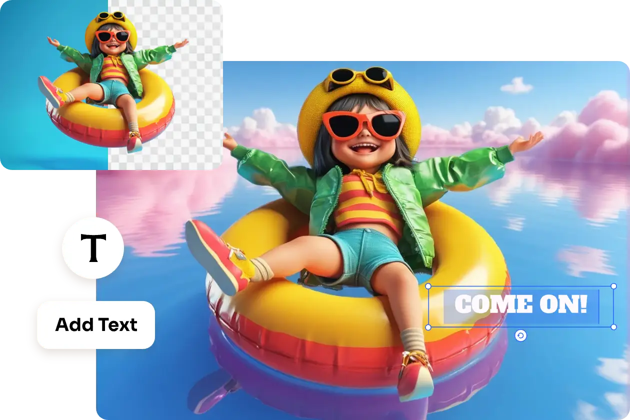 añadir texto a una niña acostada en un anillo swamming en una imagen de la superficie del mar con ai facilidad editor de texto