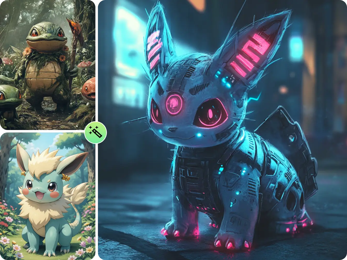 ai generated pokemon creatures in sd cartoon and cyberpunk styles