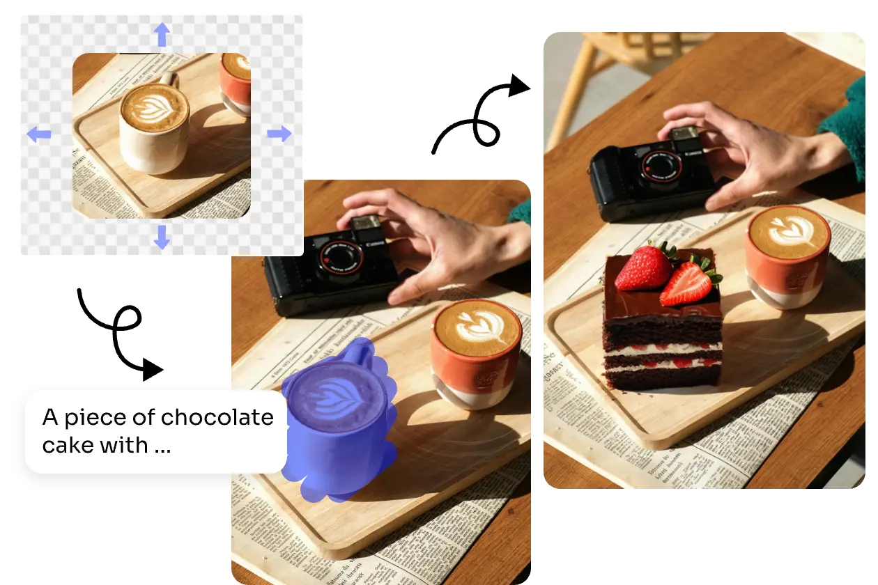 ai uncrop and replace image from coffee to cake