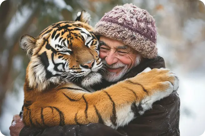 un vieil homme en tenue d'hiver enlace un tigre