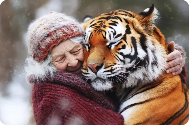 une vieille femme serre un tigre dans ses bras en hiver