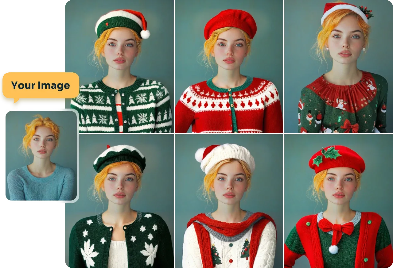 an-original-woman-portrait-and-six-photos-of-trying-on-fantasy-christmas-clothes-and-hats