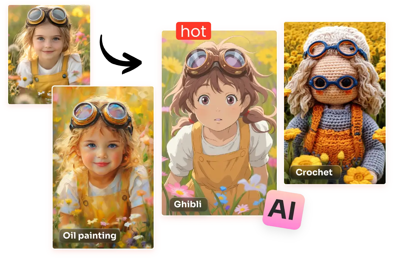 apply different ai photo effects to girl image in AI Ease