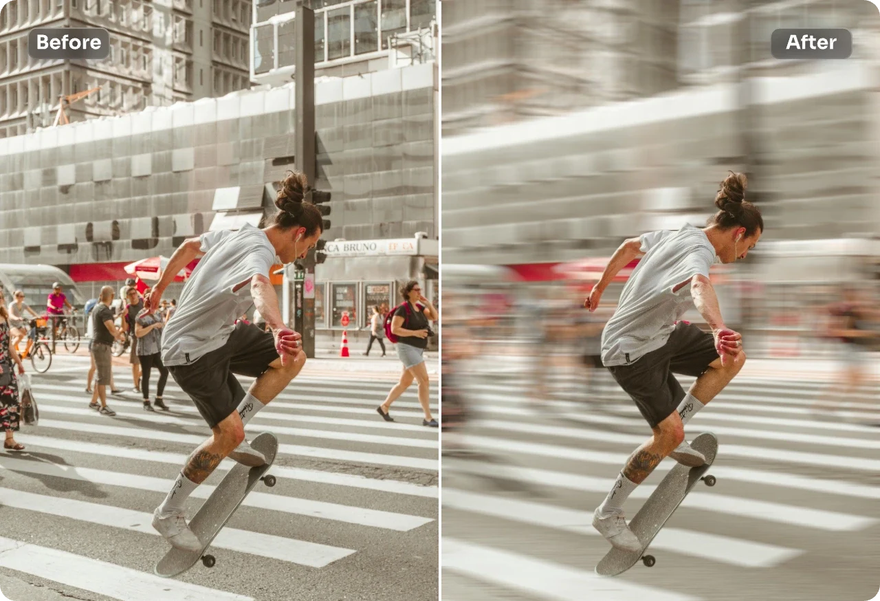 aplicar el efecto de desenfoque de movimiento a un niño que juega con un monopatín