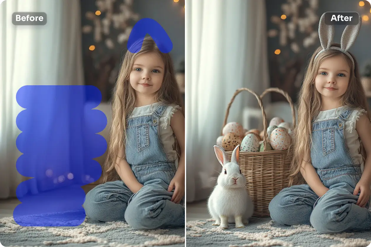 before and after contrast of adding easter eggs and bunny aqnd bunny ears to a cute girl with aiease easter photo editor