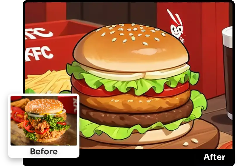 before and after contrast of turning a hambergur into flat cartoon style in aiease