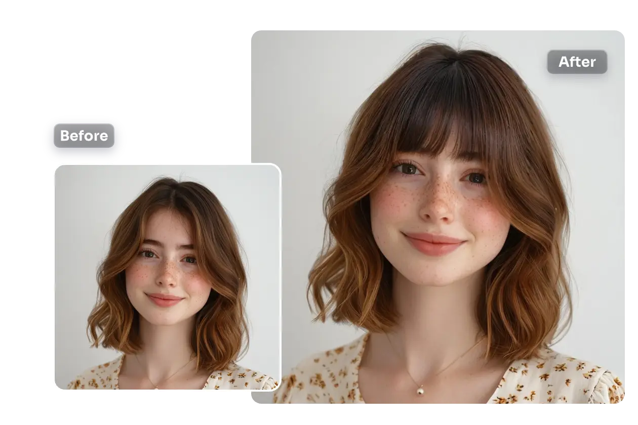 before and after contrast of using a normal bang with aiease online bangs filter
