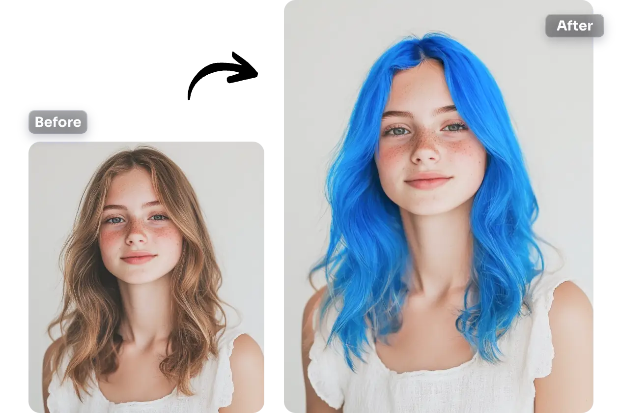 efecto antes y después de cambiar el color del pelo a azul con ai facilidad