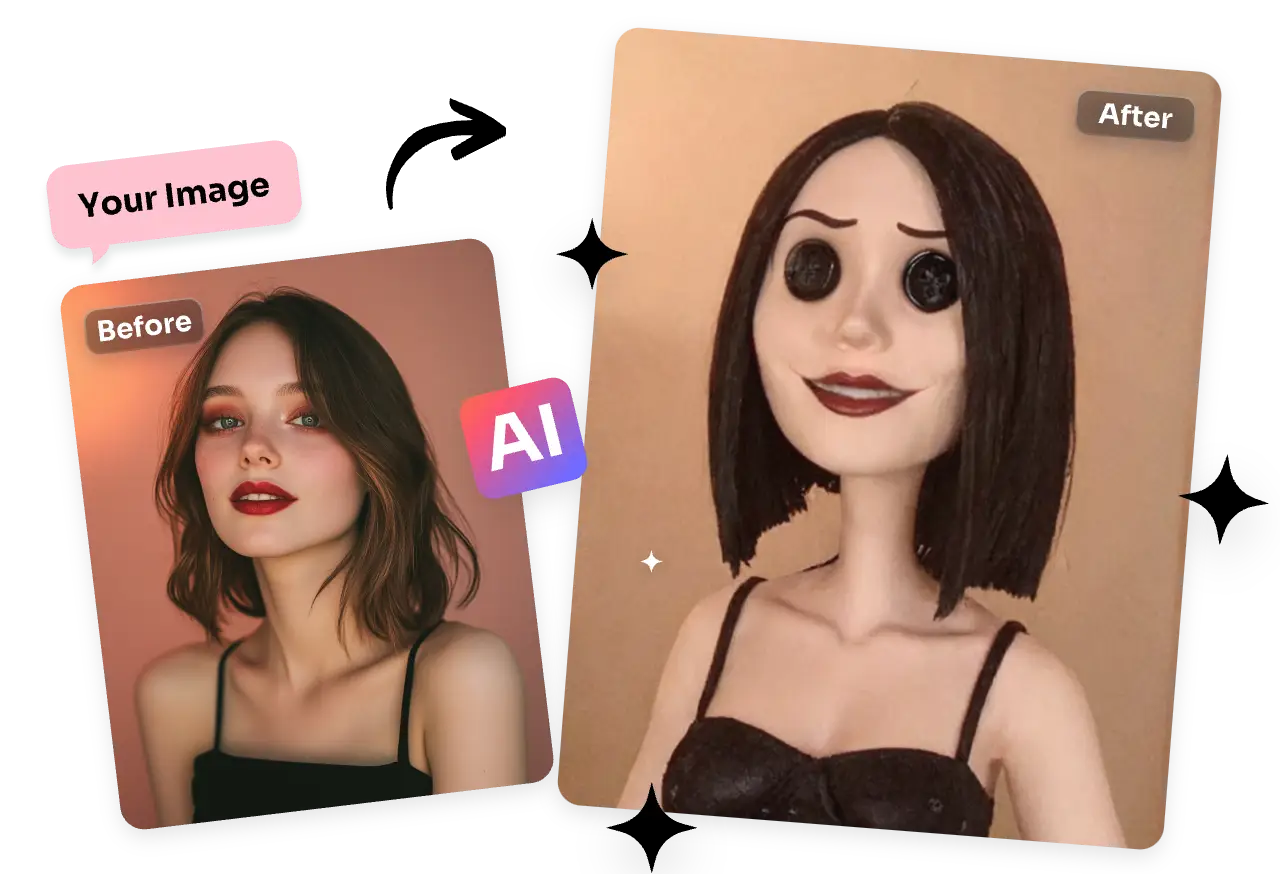 before and after effect of transferring a female picture to caroline with ai filter