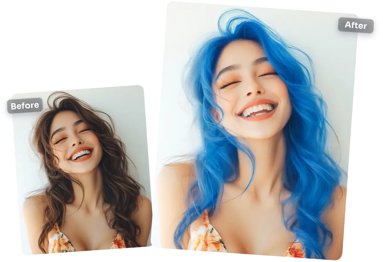 efecto antes y después de convertir el pelo en azul con filtro ai