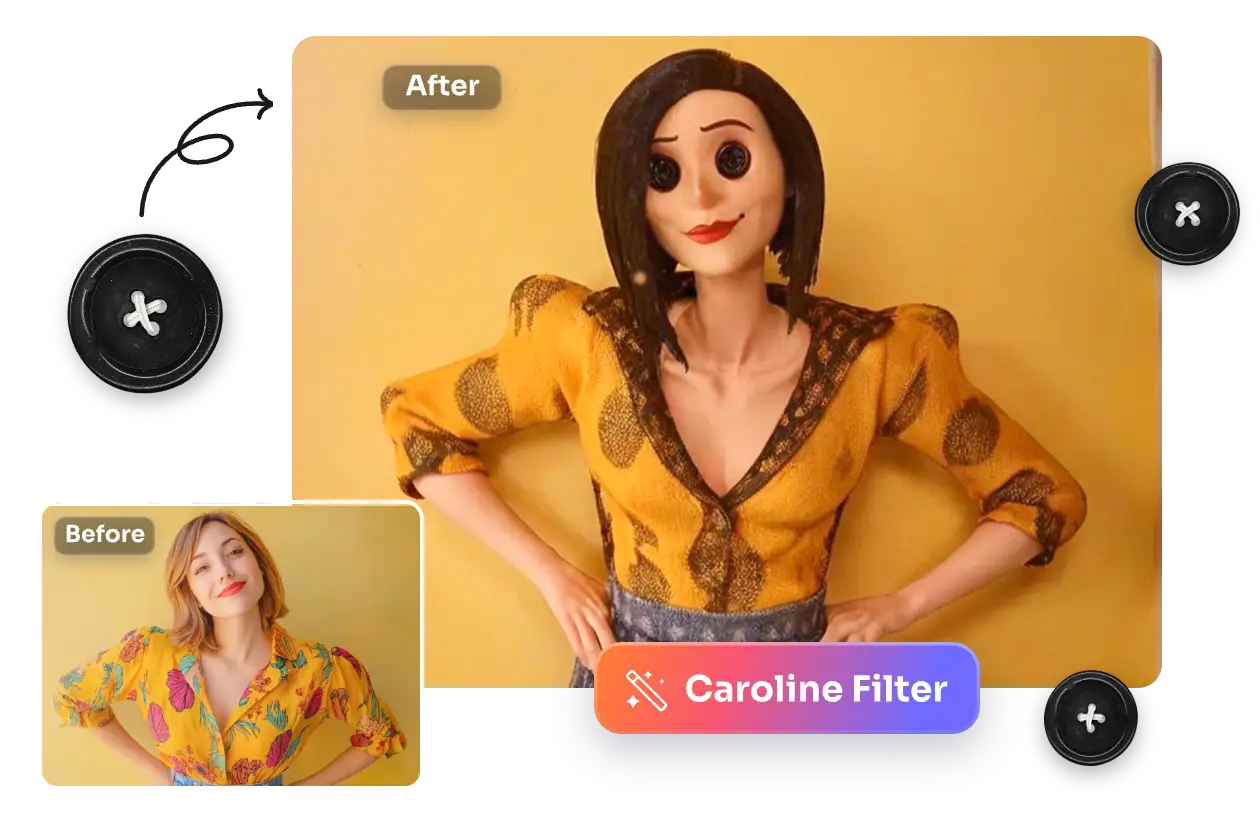 before and after effect of using ai ease caroline filter to trun a photo to caroline style