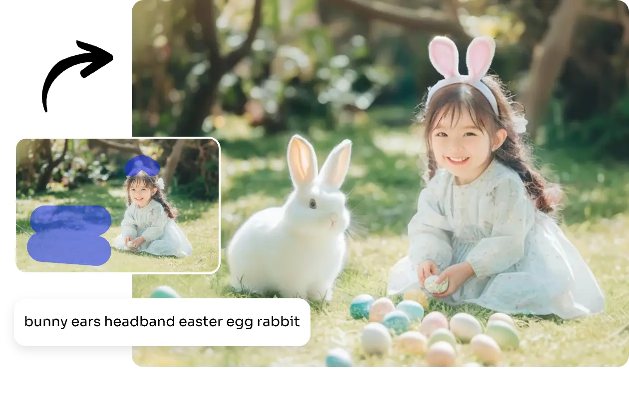 brush over the area and enter prompt to add a bunny and easter bunny ear to a little girl image in aiease easter photo editor