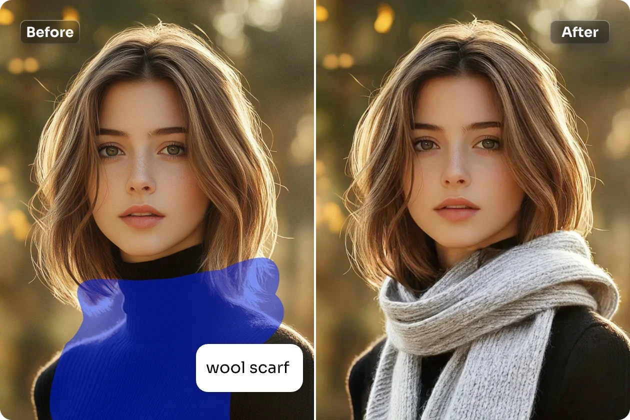 brush over the young girls neck area and enter wool scarf and add a grey wool scarf to her photo